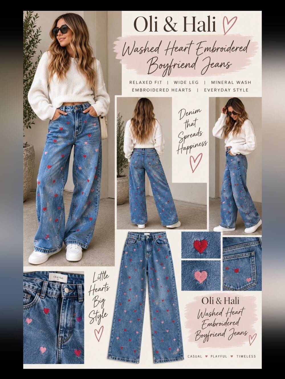 Oli & Hali Washed Heart Embroidered Boyfriend Jeans Mineral Wash SIze XL